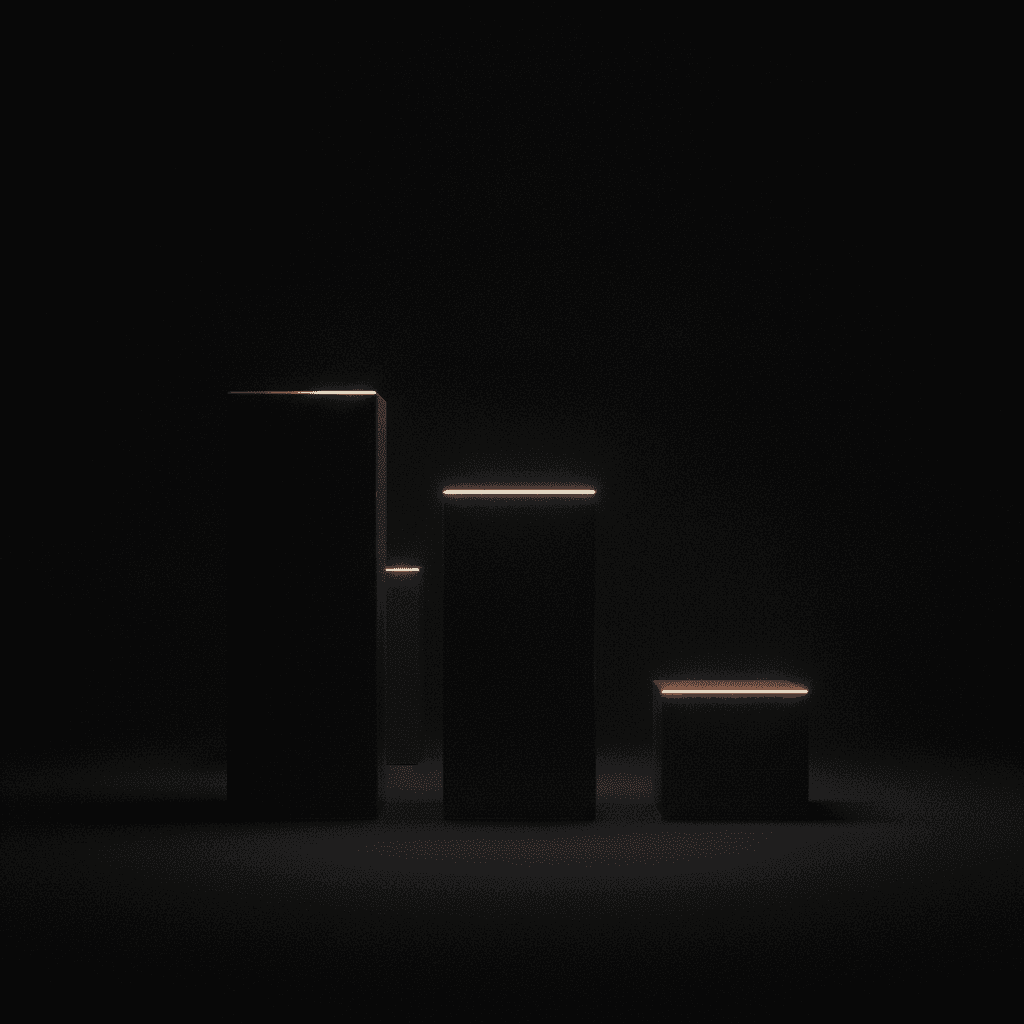 Three black monolithic forms with one orange-lit edge against a deep void