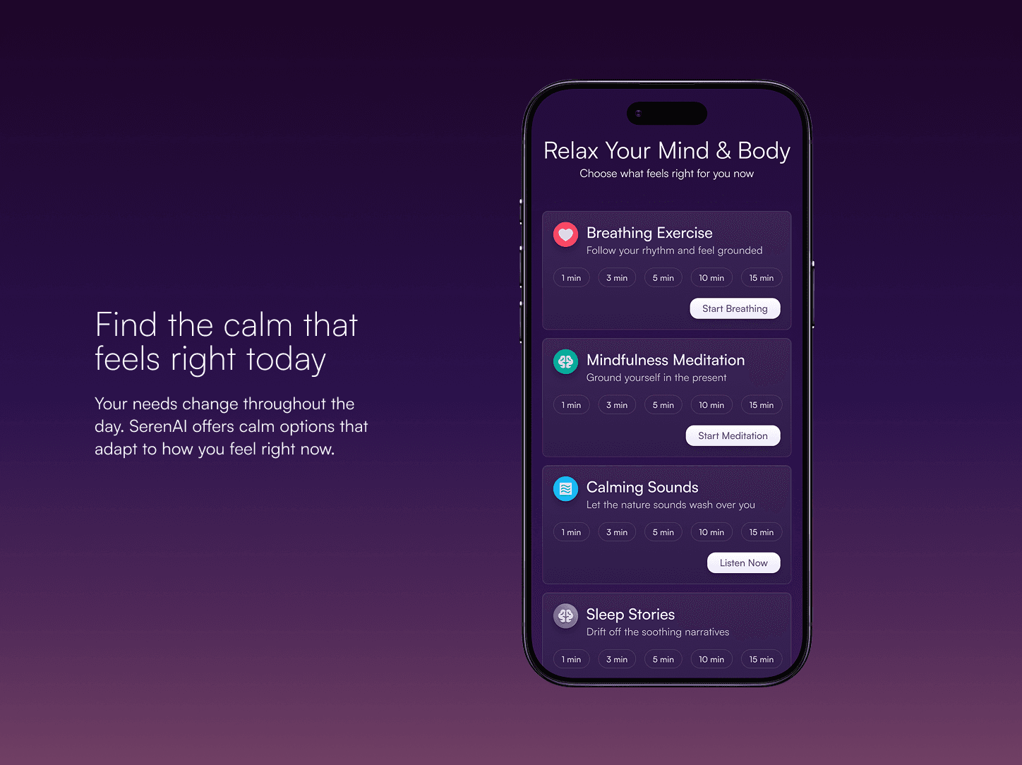 SerenAI activity picker showing guided breathing, meditation, calming sounds, and sleep story sessions.
