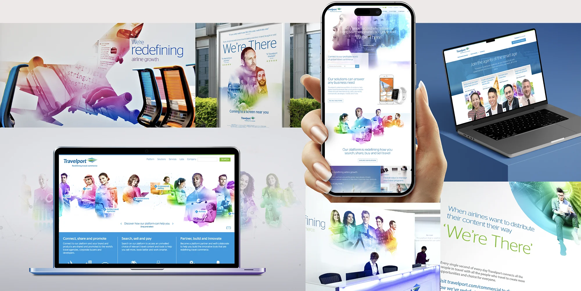 Collage or the Travelport brand world in use across ads, web and print