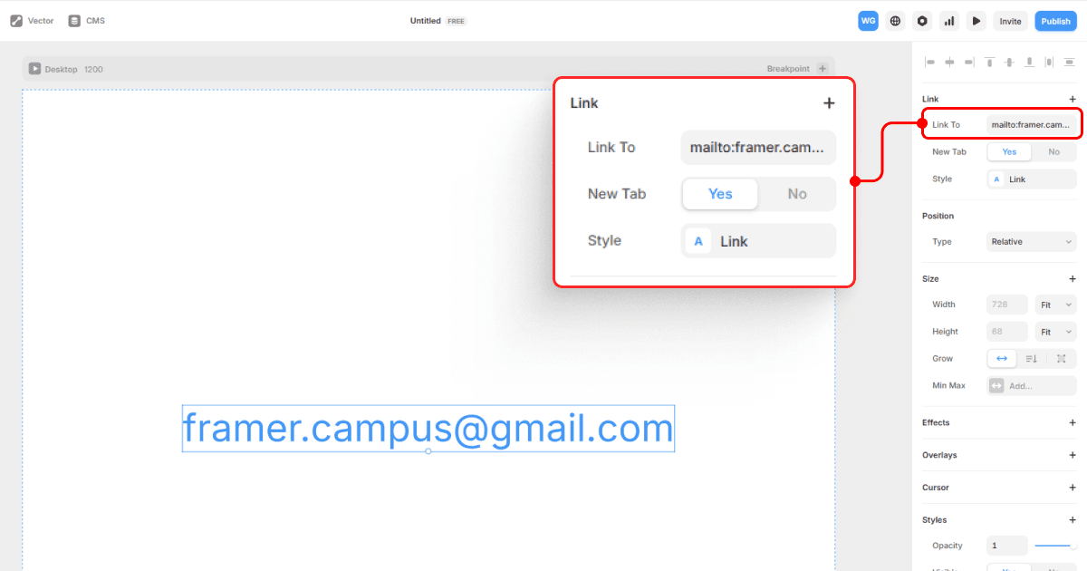 Ajout d’un lien mailto dans Framer pour rendre une adresse email cliquable