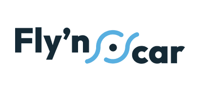 FlynCar brand logo in dark blue text with a blue swirl graphic on a white background