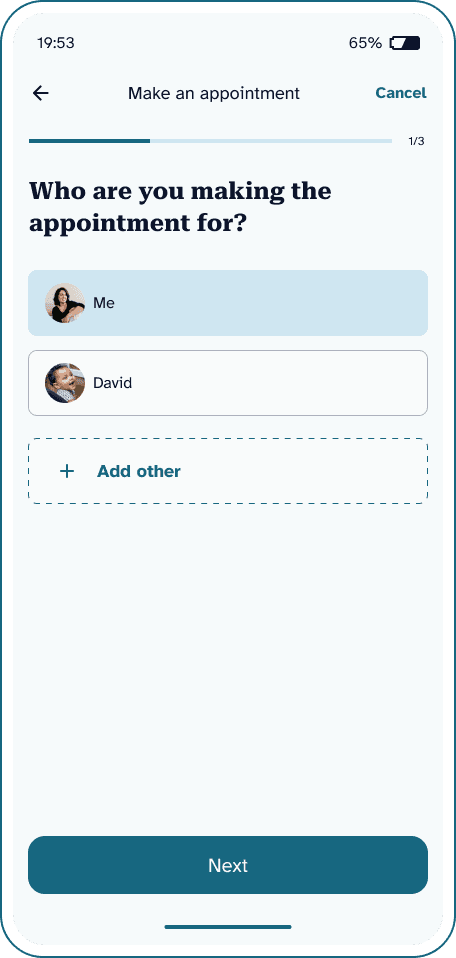 Screenshot of the mobile app that allows users to schedule appointments for themselves or others.