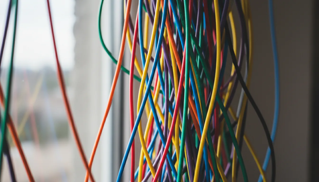 DSLR photo, a close-up shot of a dense and chaotic tangle of multi-colored electrical and network wires, filling the entire frame. The wires, in shades of blue, yellow, green, red, orange, and purple, hang vertically. The image is captured with bright, natural daylight, highlighting the smooth plastic texture of the wire insulation. A shallow depth of field keeps the central cluster of wires in sharp focus, while the foreground and background are softly blurred.