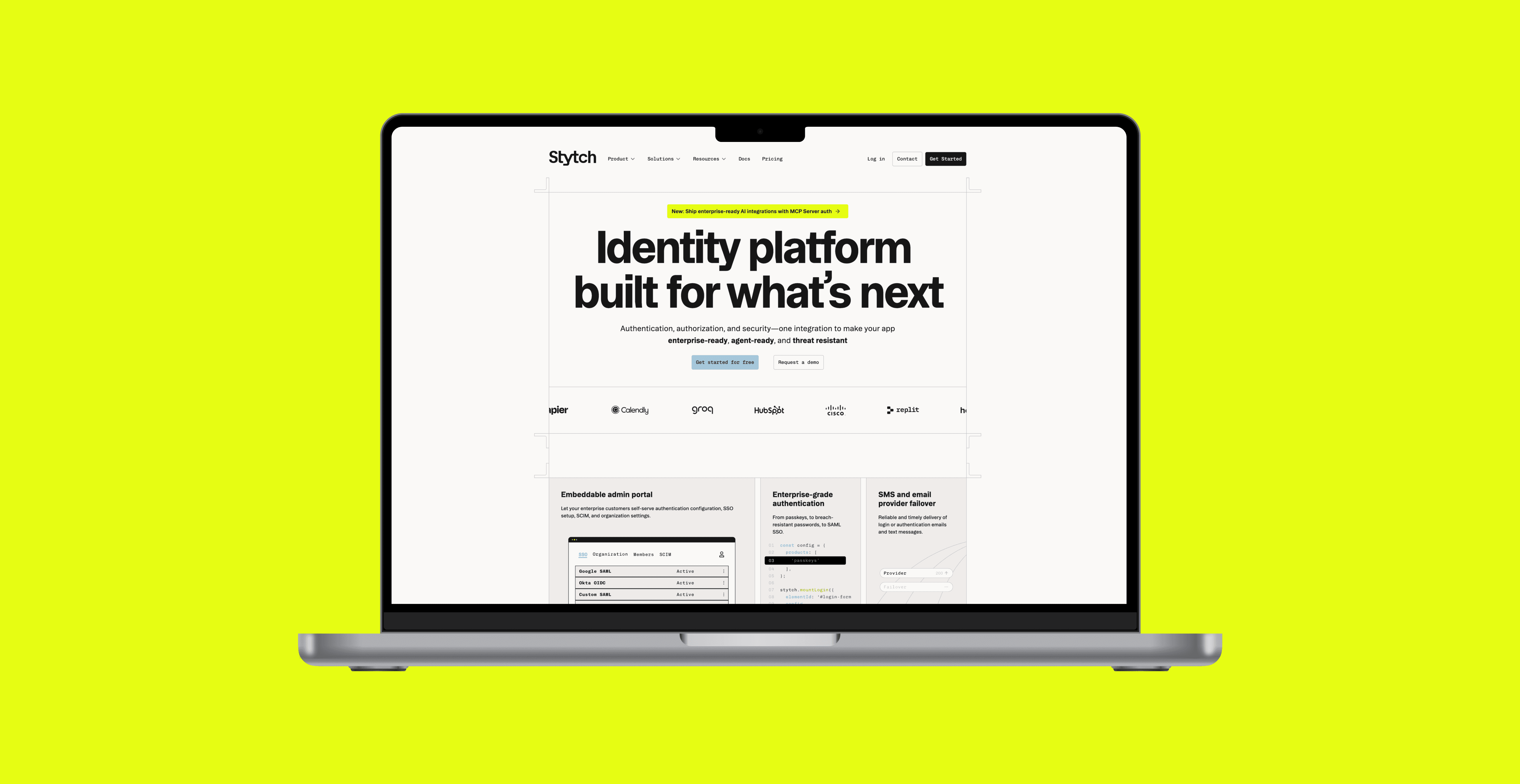 Mockup image on a macbook  of Stytchs homepage with a bright yellow background