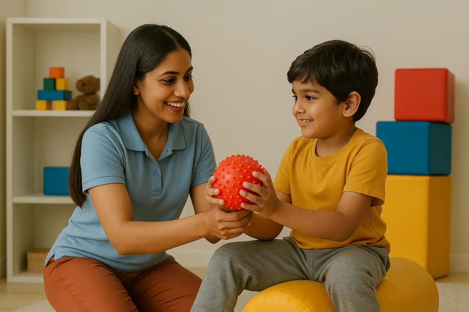 Physiotherapist helping a young child with a sensory ball during pediatric physiotherapy to improve motor skills and coordination.