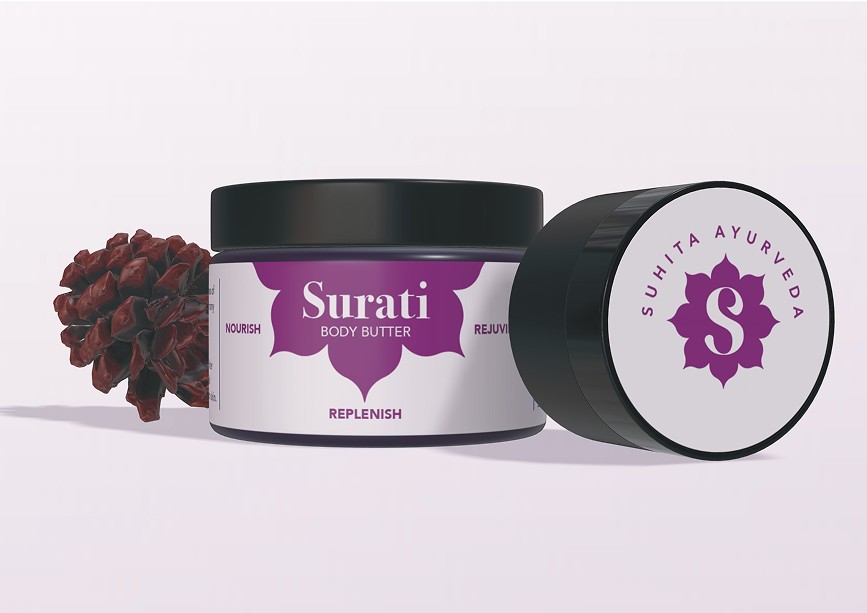 Surati body butter jar packaging by Suhita Ayurveda showcasing nourishing skincare branding