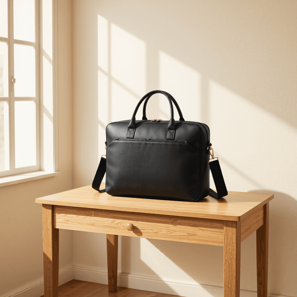 product photography of a black laptop bag with handles and a shoulder strap
