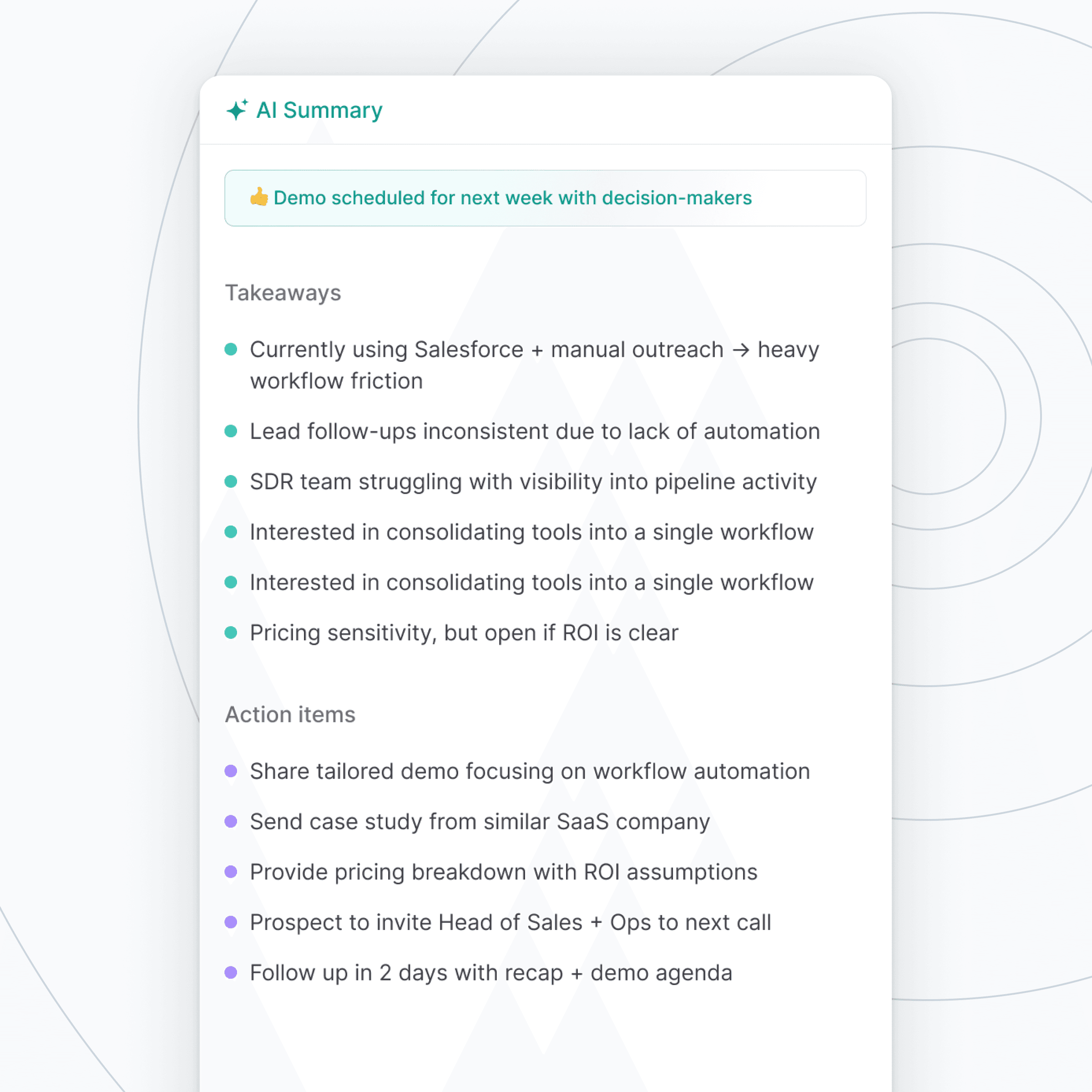 AI-generated call summary and key takeaways captured automatically after a B2B sales call in Stamina