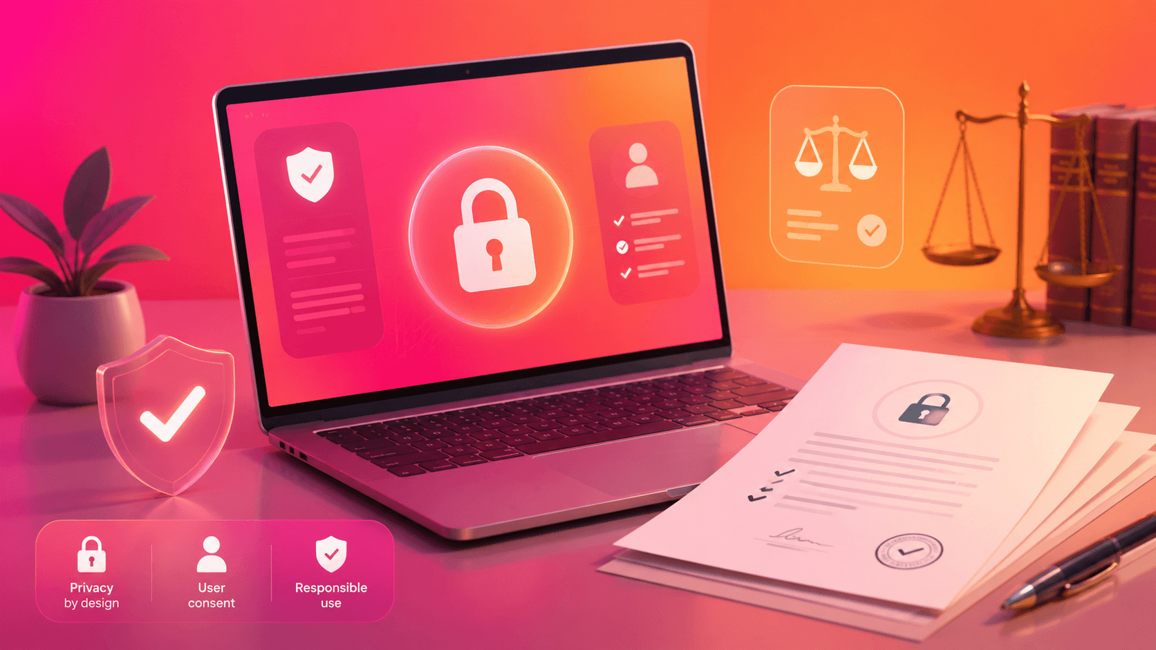 A laptop with a privacy lock icon and a neutral legal document background.