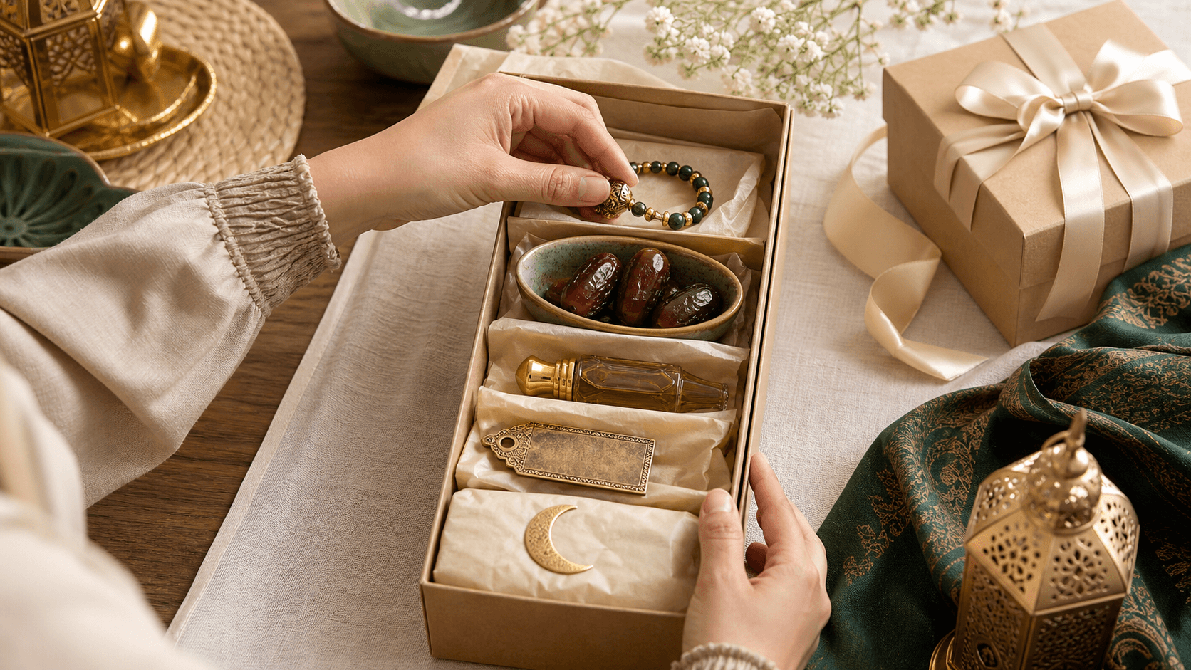 Hands filling a DIY Ramadan gift box, building the five layers around a keepable dhikr jewellery anchor