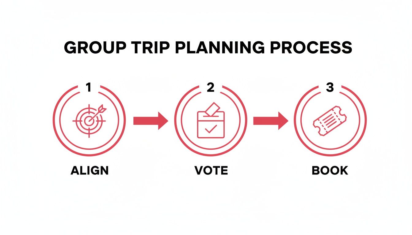 Infographic illustrates the 3-step group trip planning process: Align goals, Vote on options, and Book travel.