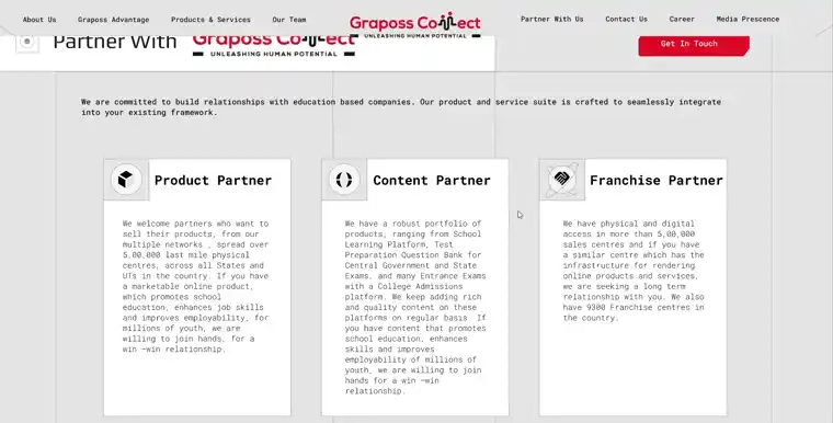 Scroll through Partner With Us, the Career application form, the press ticker and the footer