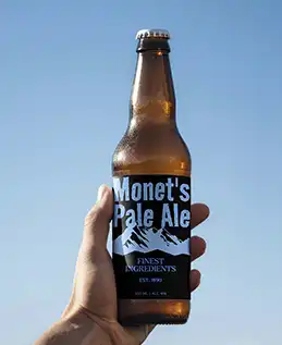 Étiquette de boutelle de bière bleue sur ciel bleu