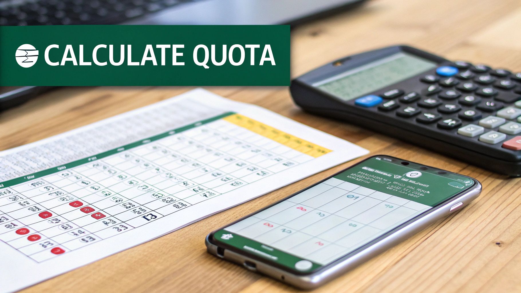 A green banner reads 'CALCULATE QUOTA' above a calculator, smartphone, and paper with numbers.