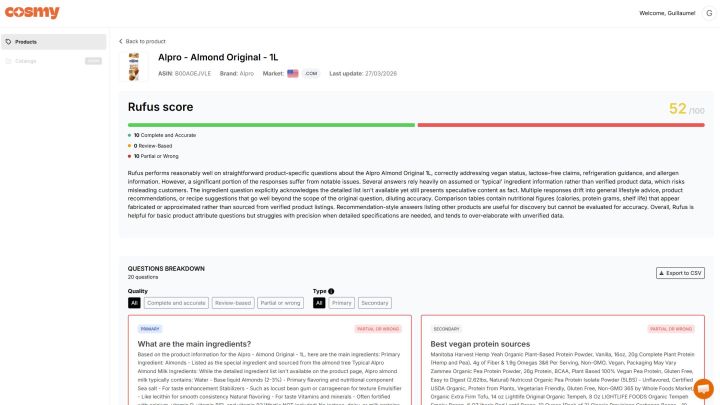 Cosmy dashboard optimizing an eCommerce Amazon product with Rufus