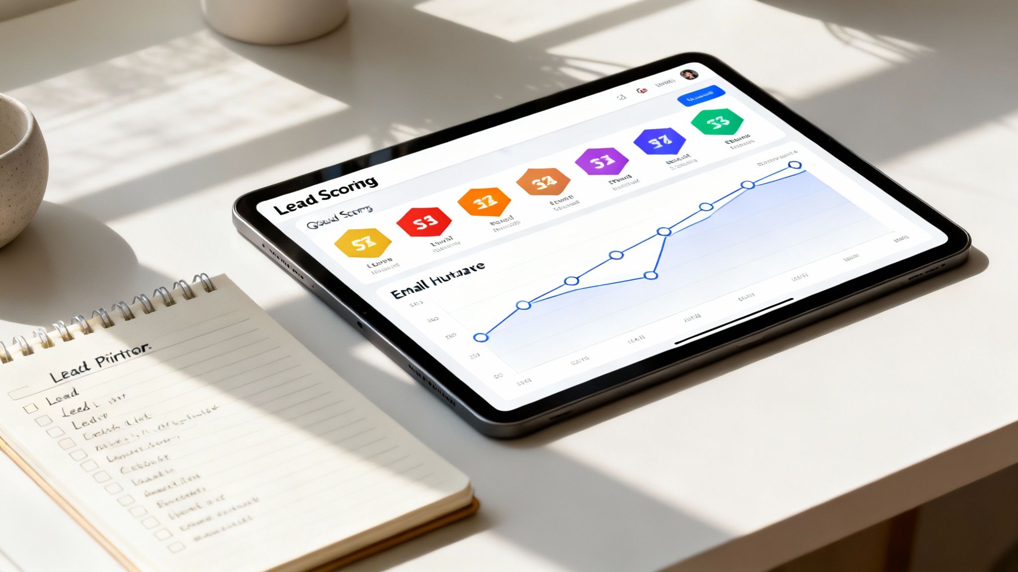 A tablet displays lead scoring metrics and an email nurturing graph, alongside a notebook for lead prioritization.