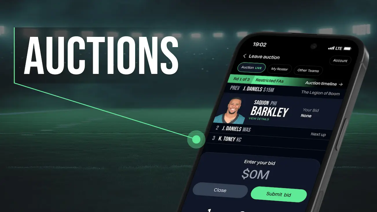 Franchise League Football auction feature showing live bidding on Saquon Barkley in the app