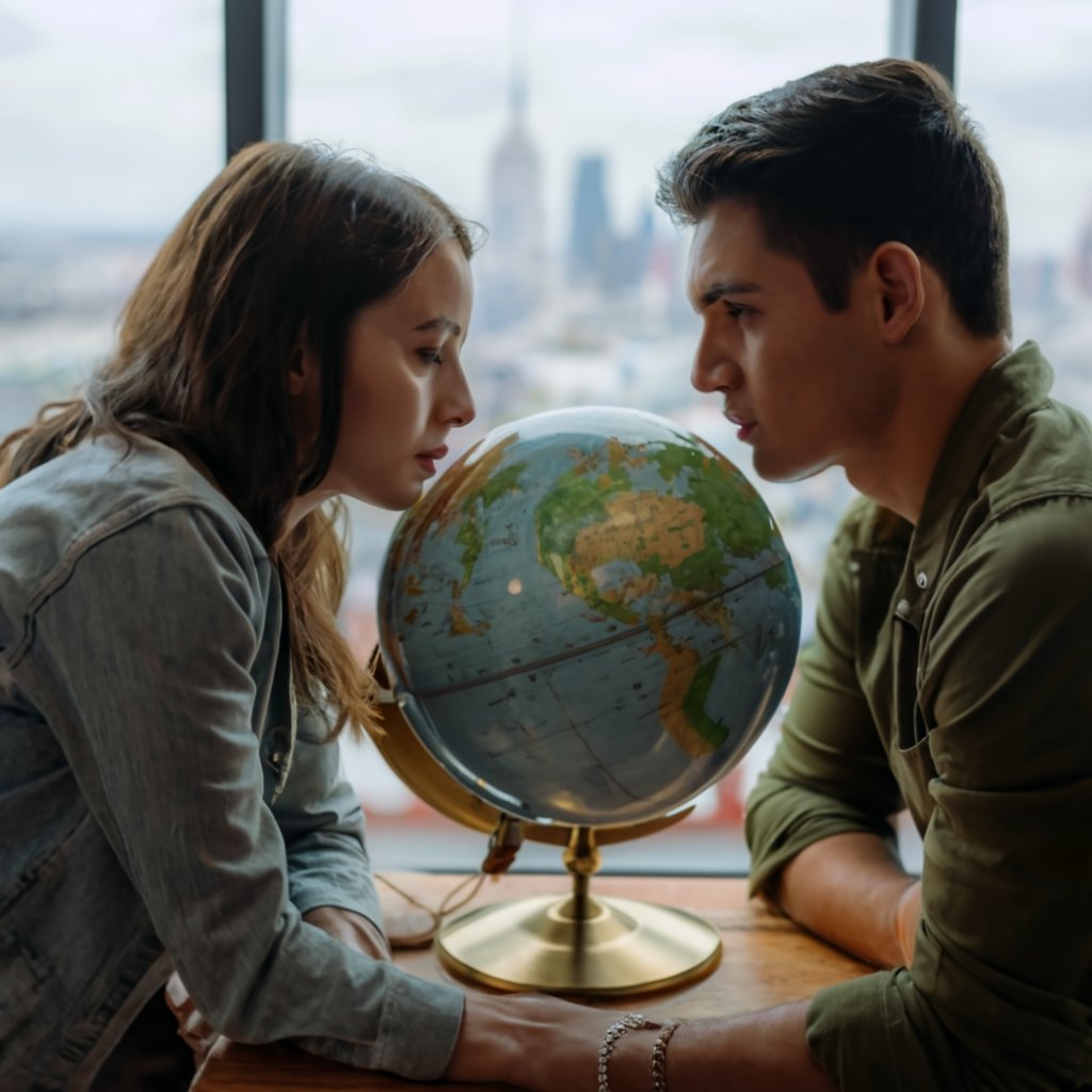 A diverse couple intently examining a globe, with the man pointing at the United States, representing the goal of the CR1 visa process for family reunification.