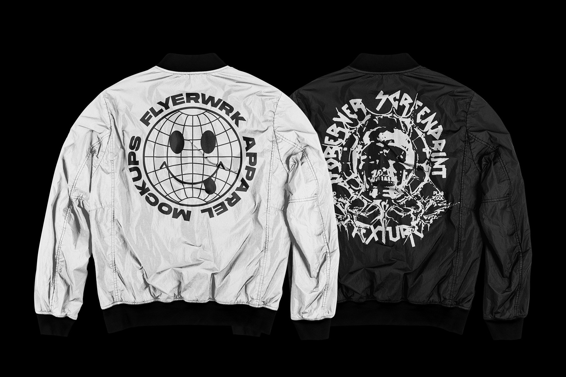 Custom apparel designs on white and black bomber jackets with high resolution details and realistic lighting