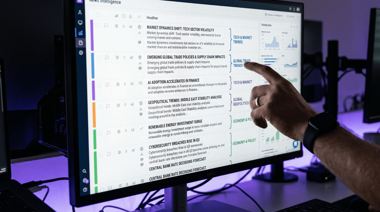 Communications professional reviewing grouped news coverage clusters on a dashboard screen