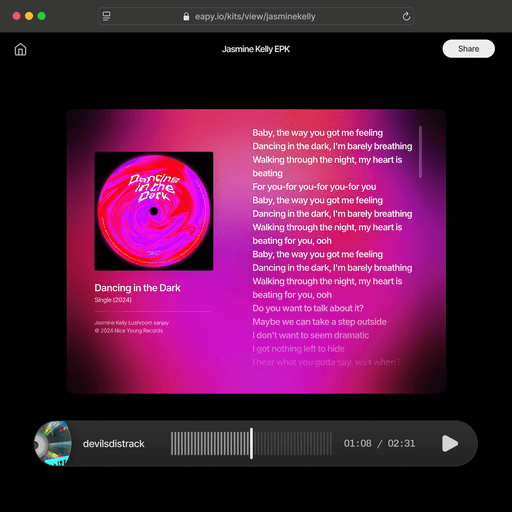 Jasmine Kelly's music showcase with album cover, song titles, lyrics, and songwriting credits on her artist profile page