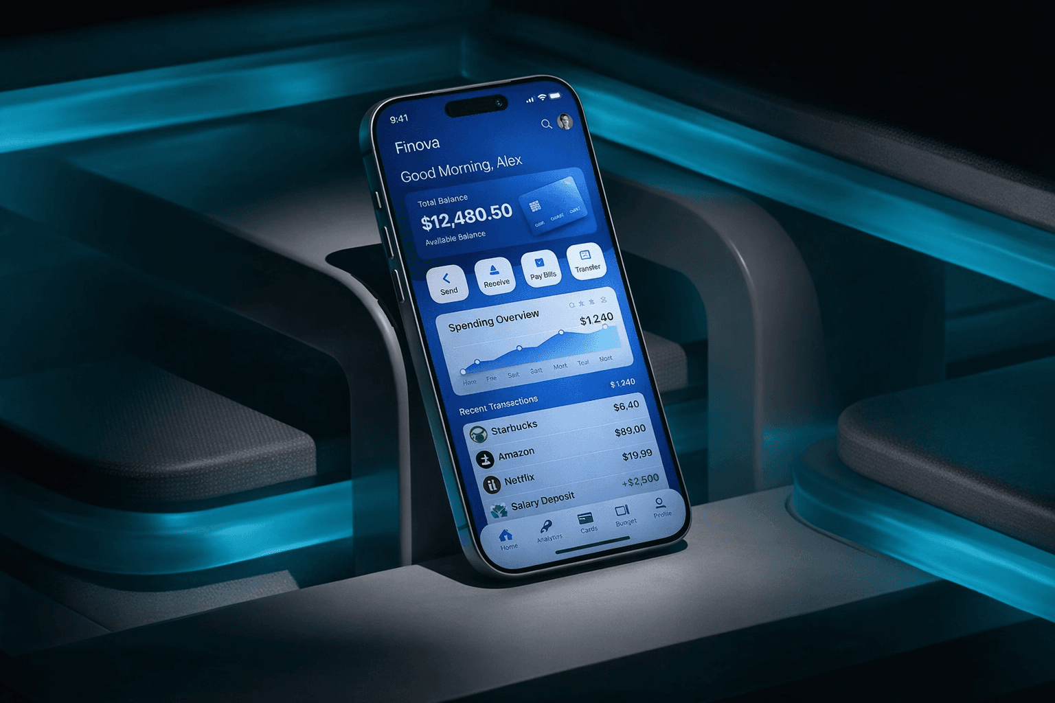 A smartphone with a blue screen is placed on a sleek, modern surface illuminated by teal lighting.