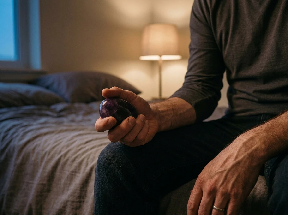 Man holding amethyst palm stone in hand at bedtime