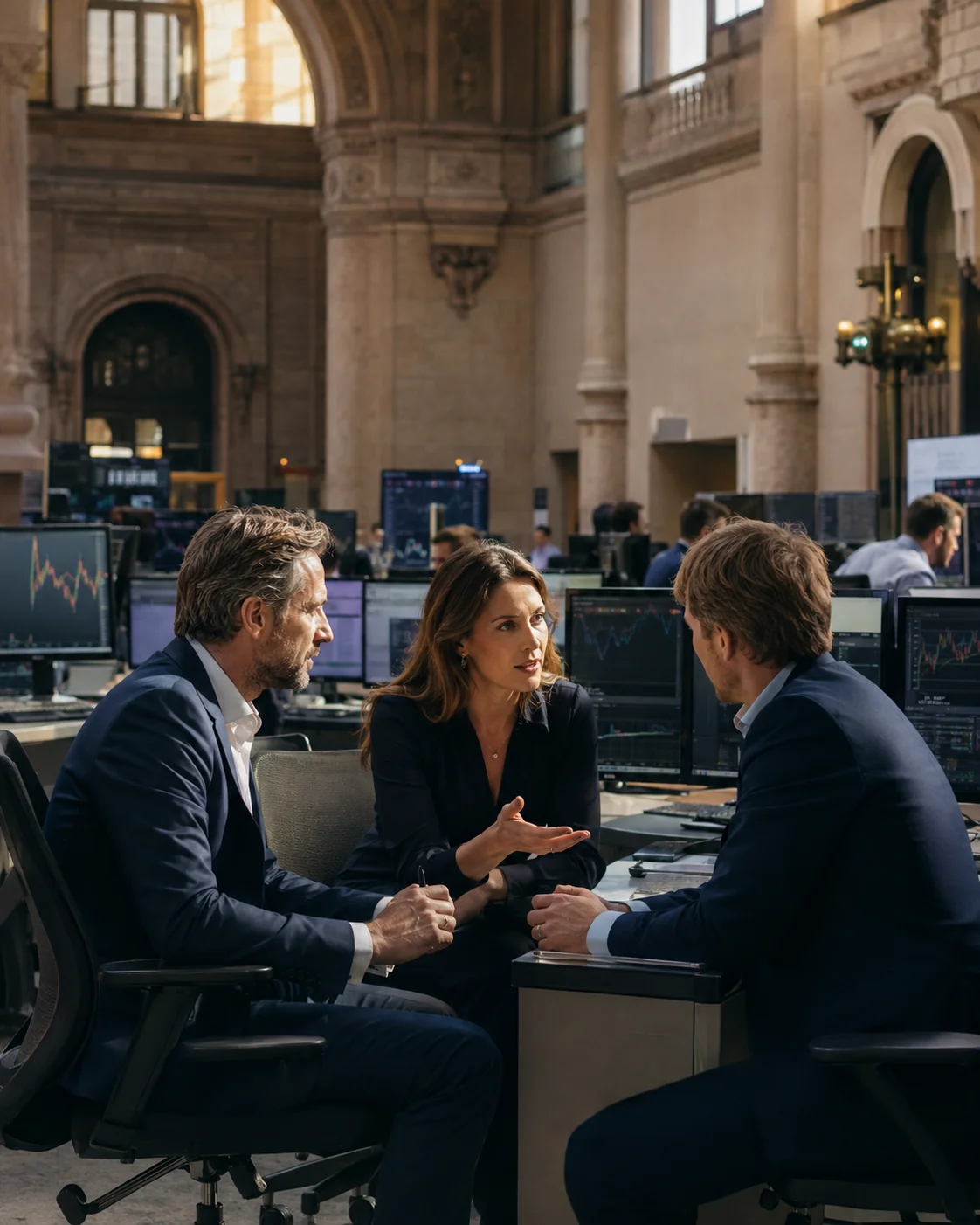 Professionnels de la finance échangeant dans une salle des marchés européenne fictive