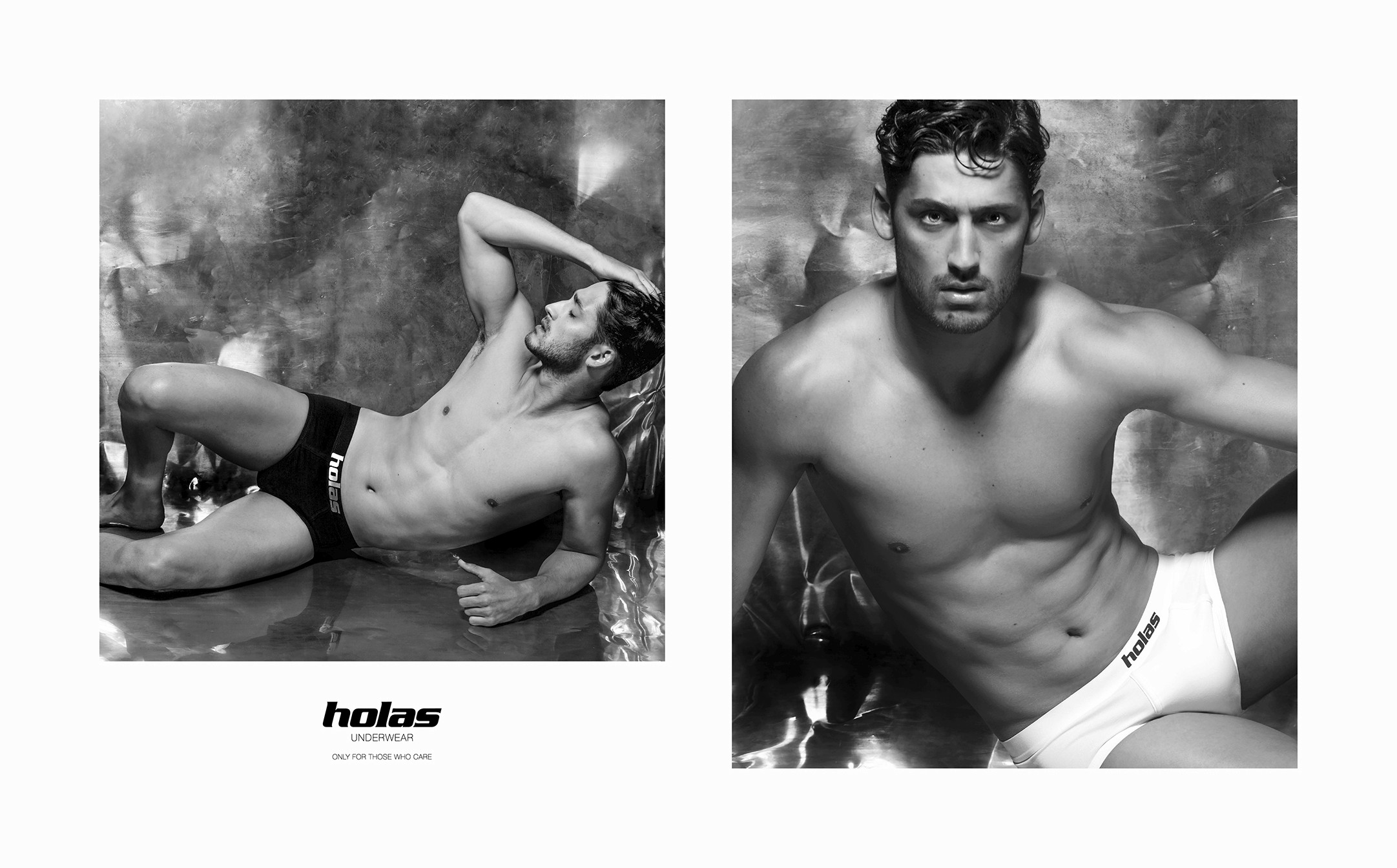 Holas Underwear campaign, models wearing white and black briefs with branded waistband, Holas Underwear logo. "Only for those who care"