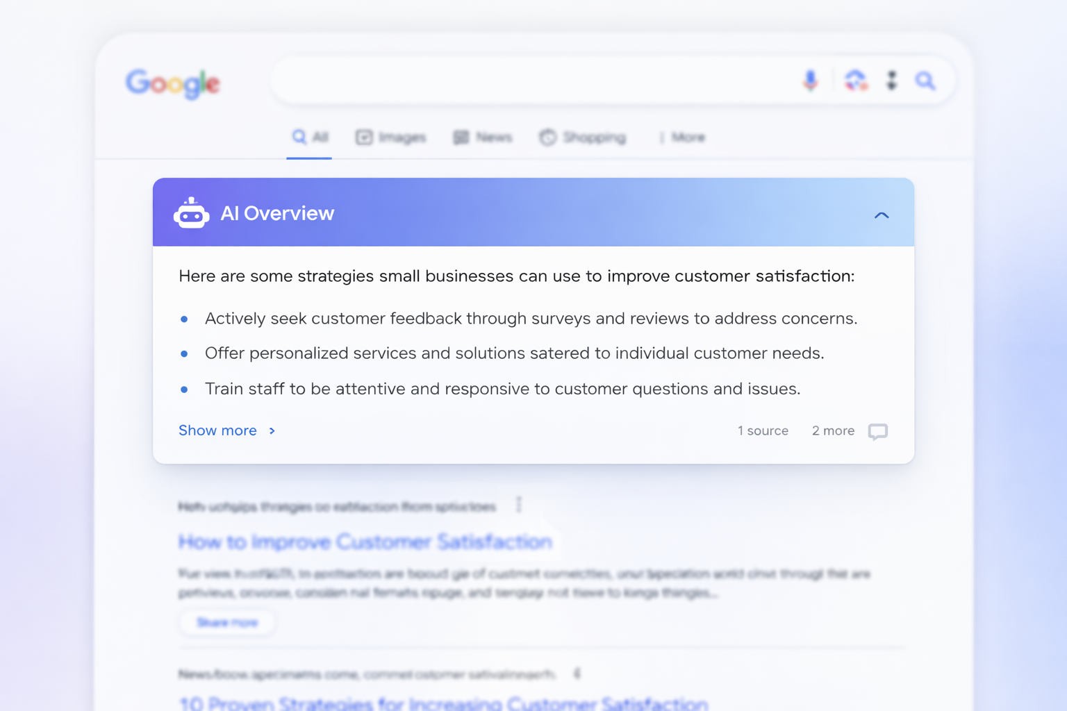 Pantalla de Google mostrando AI Overviews con respuestas generadas por IA en lugar de resultados tradicionales