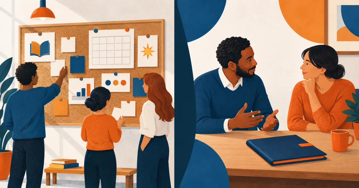 Ilustração dividida entre uma equipe diante de um mural compartilhado e duas pessoas em uma conversa reservada ao lado de uma pasta fechada.