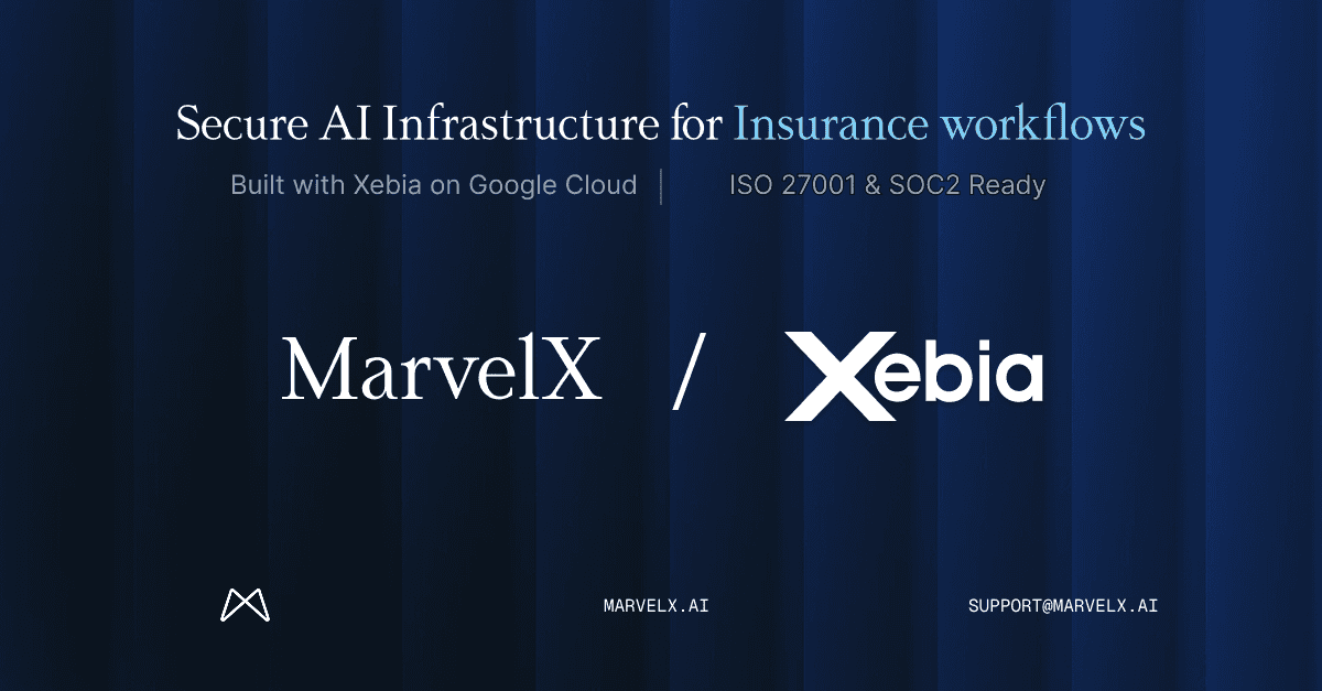 MarvelX and Xebia partnership graphic on a deep blue background. Headline reads "Secure AI Infrastructure for Insurance workflows" with subtext "Built with Xebia on Google Cloud" and "ISO 27001 and SOC2 Ready". MarvelX and Xebia logos shown side by side, with marvelx.ai and support@marvelx.ai displayed at the bottom.