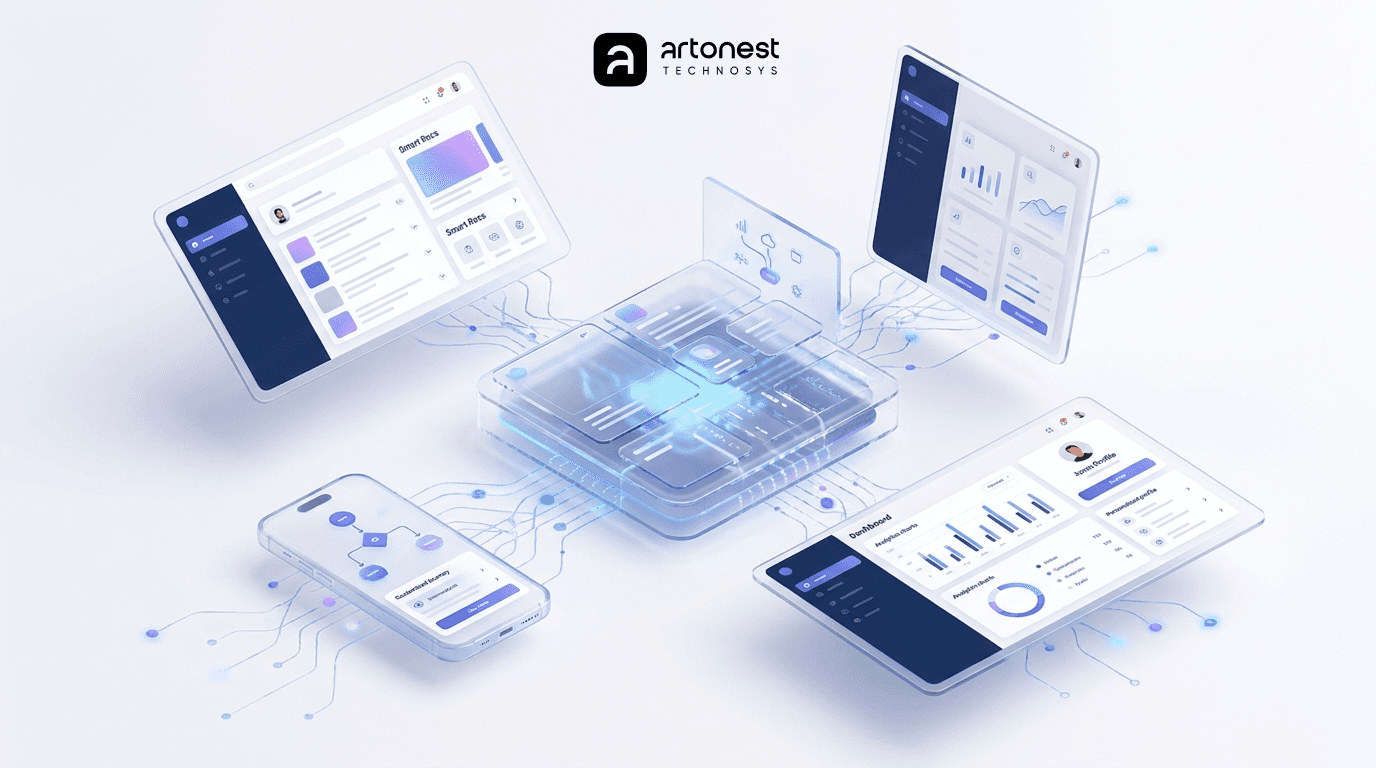 Artonest AI-powered UI UX design across mobile app, tablet dashboard, and analytics interface in 2026