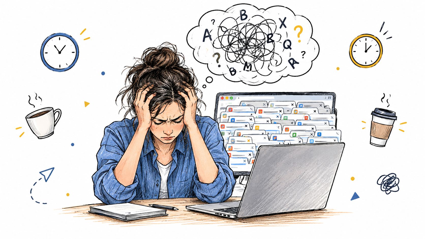 A stressed woman working at a laptop with too many browser tabs open, feeling overwhelmed by confusion.