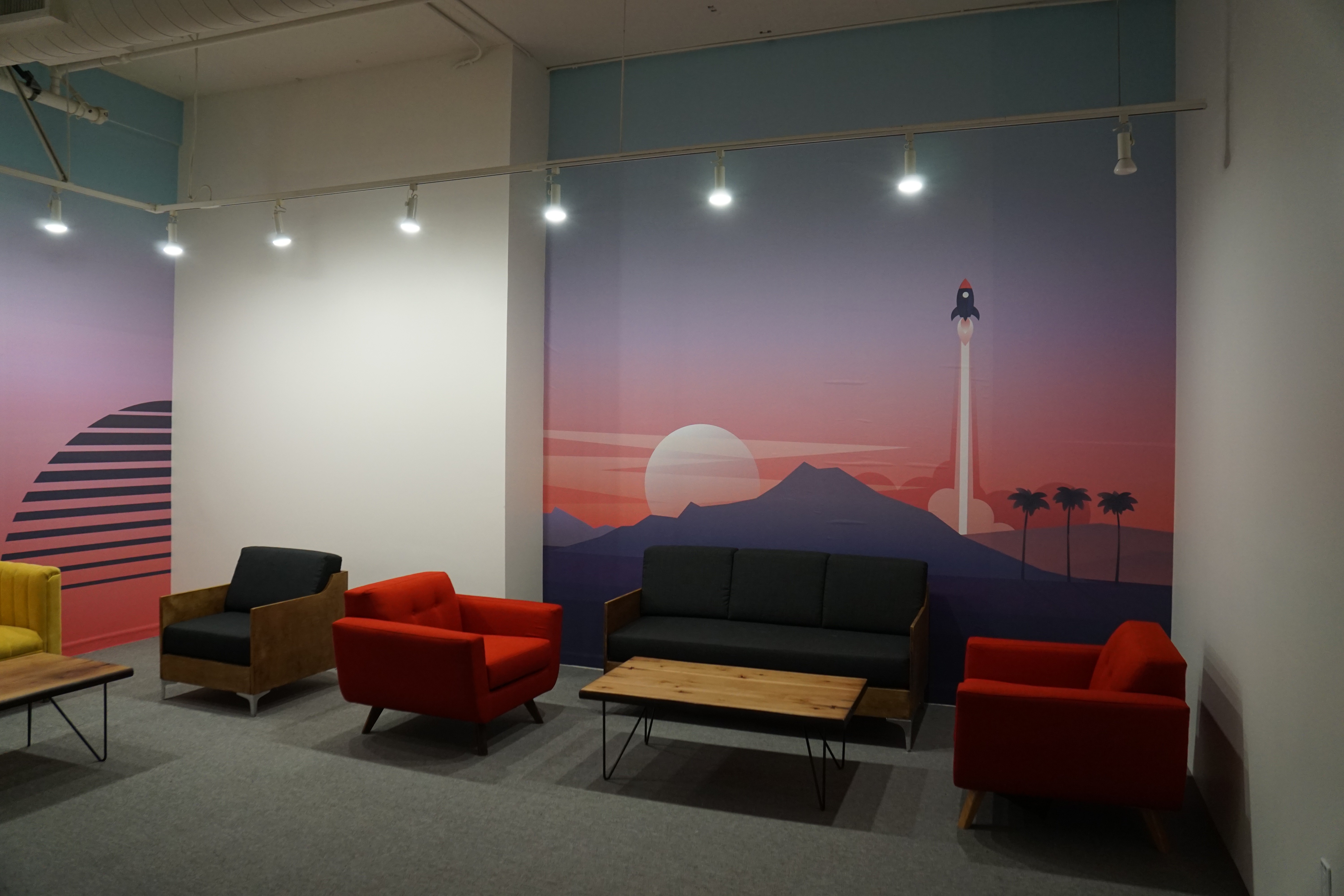 Red chairs and table