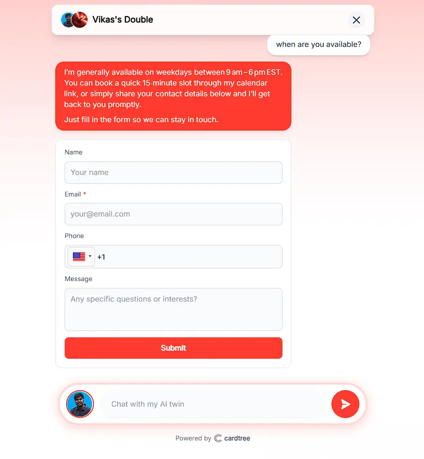 A screenshot showing that the AI twin can guide a user to, such as booking a meeting, to turn interest into action.