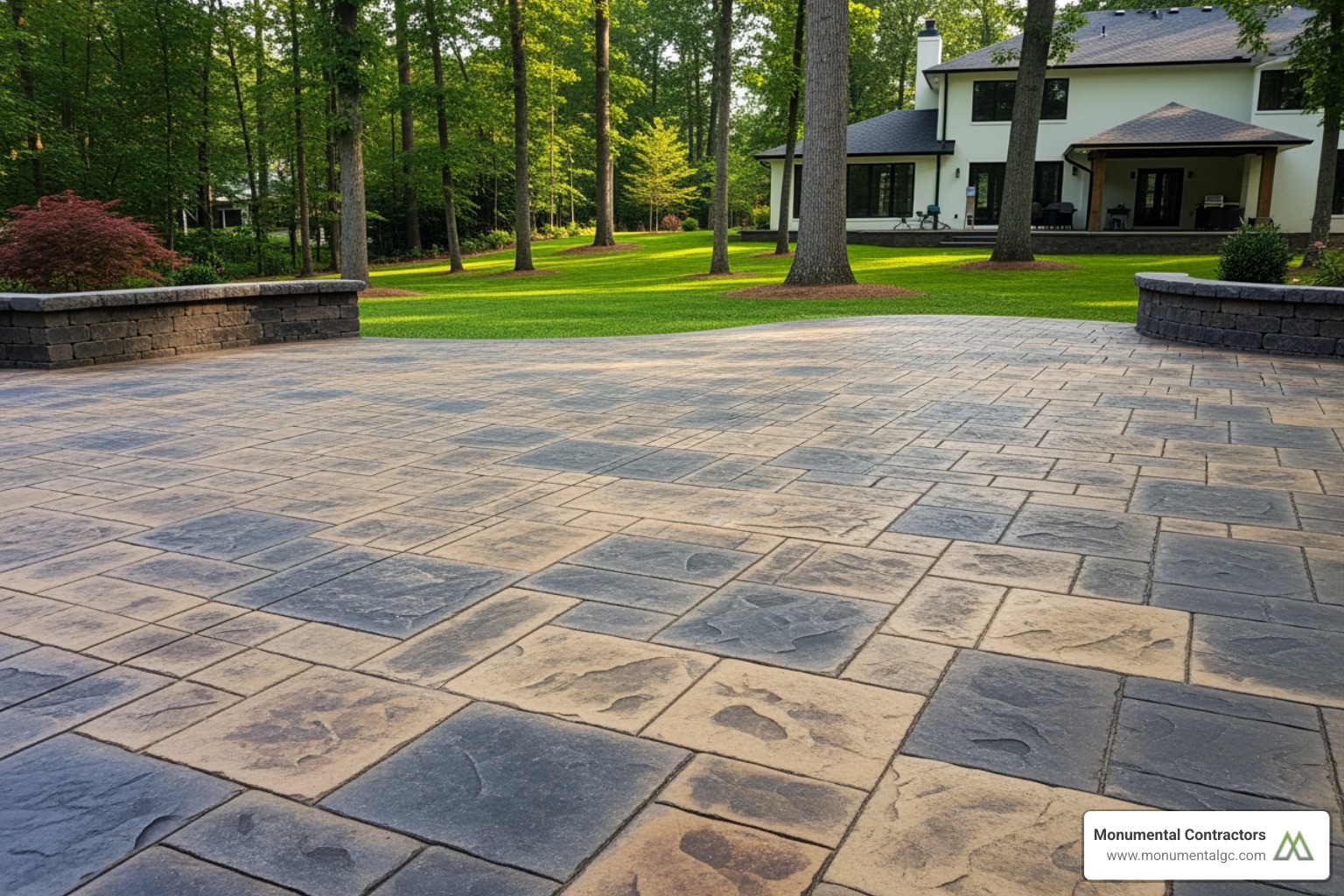 Ashlar Slate patio design in a Virginia backyard - stamped concrete patio Virginia