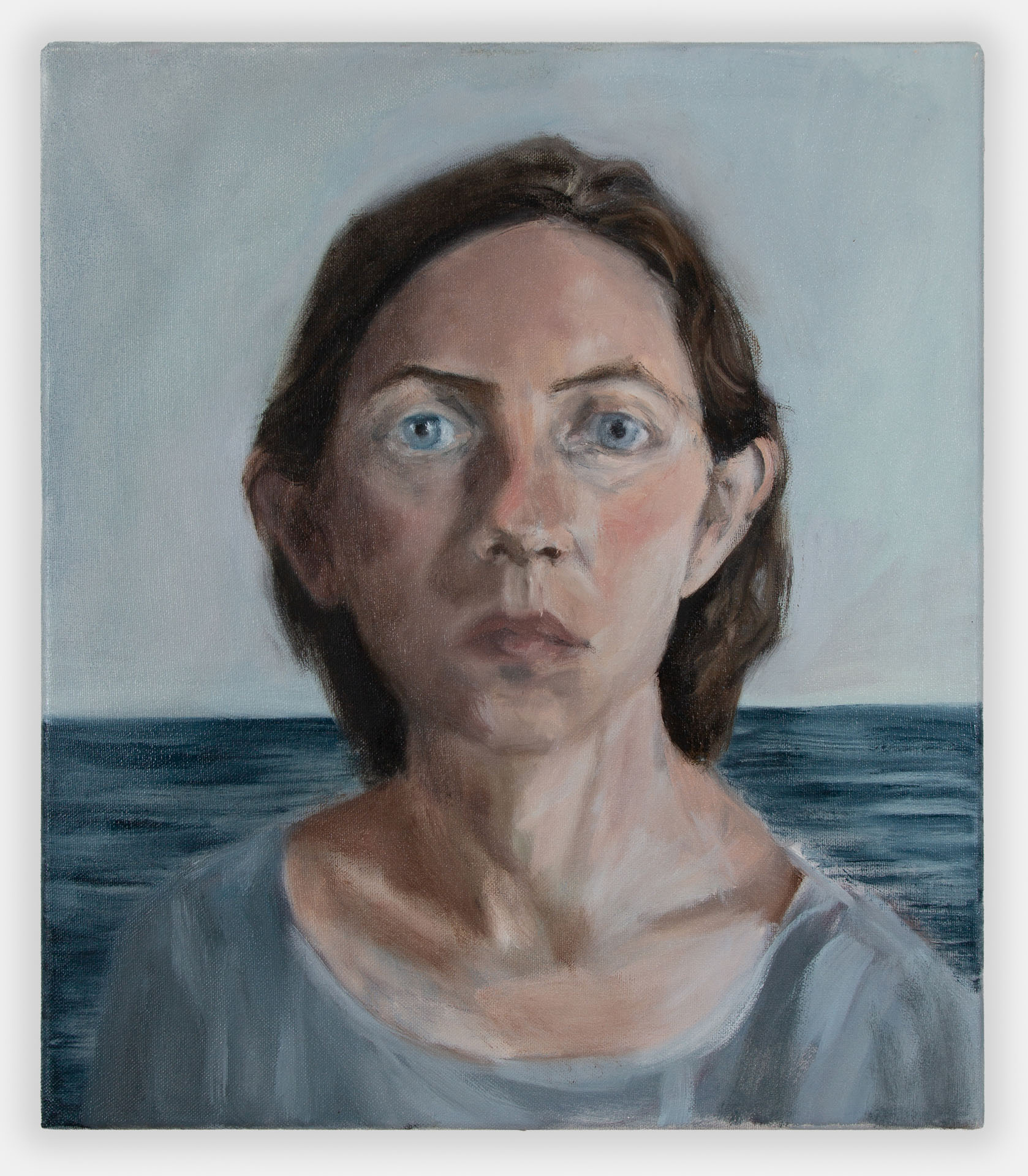Self portrait in July, 2021, oil on canvas, 20x16"