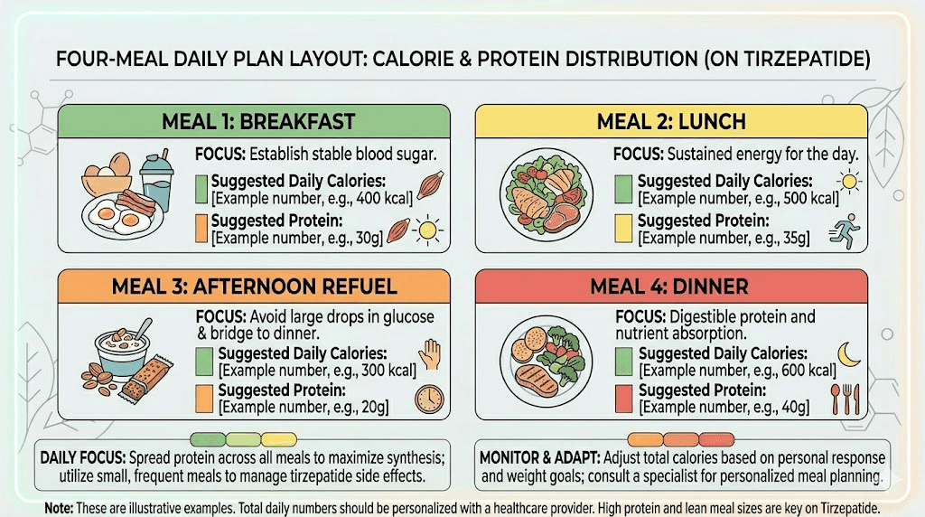 Four-meal daily plan for tirzepatide users with calorie and protein targets per meal