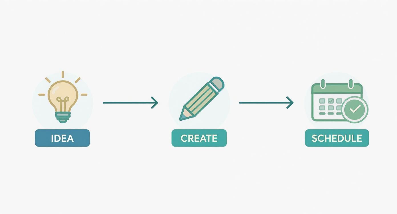 Infographic depicting the creative process from idea generation, creation, to scheduling tasks.
