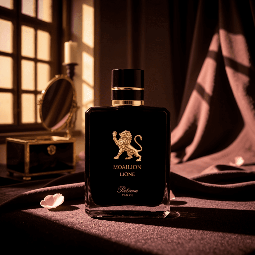 product photography of a bottle of perfume with a lion design