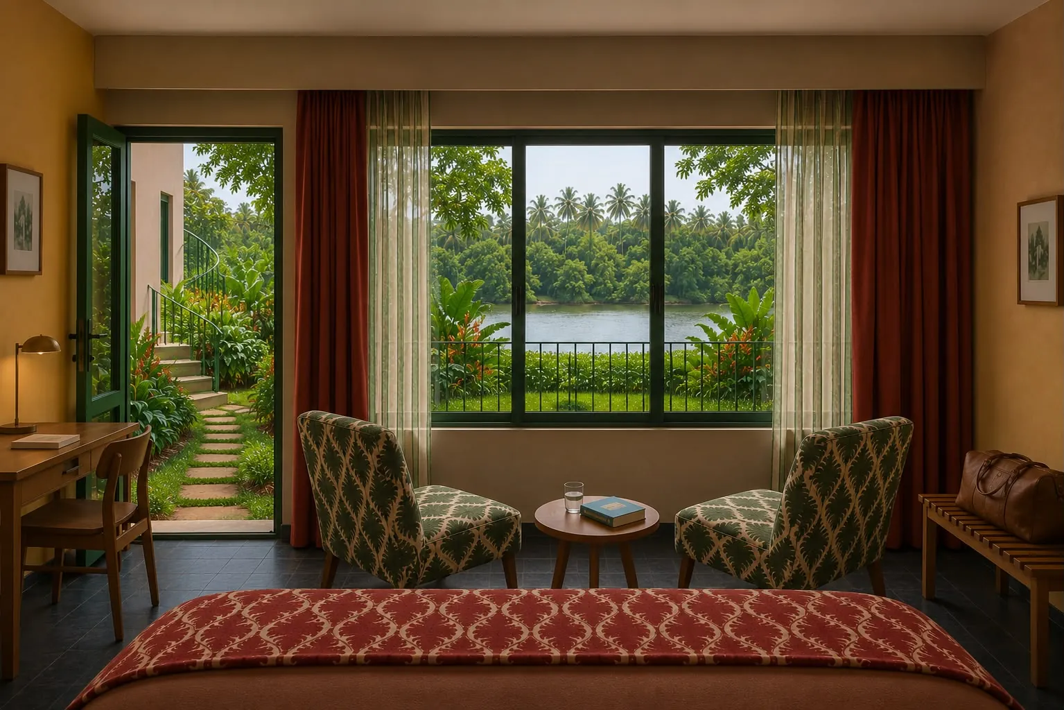 Riverview Room at Jaali River Sanctuary — armchairs by the picture window