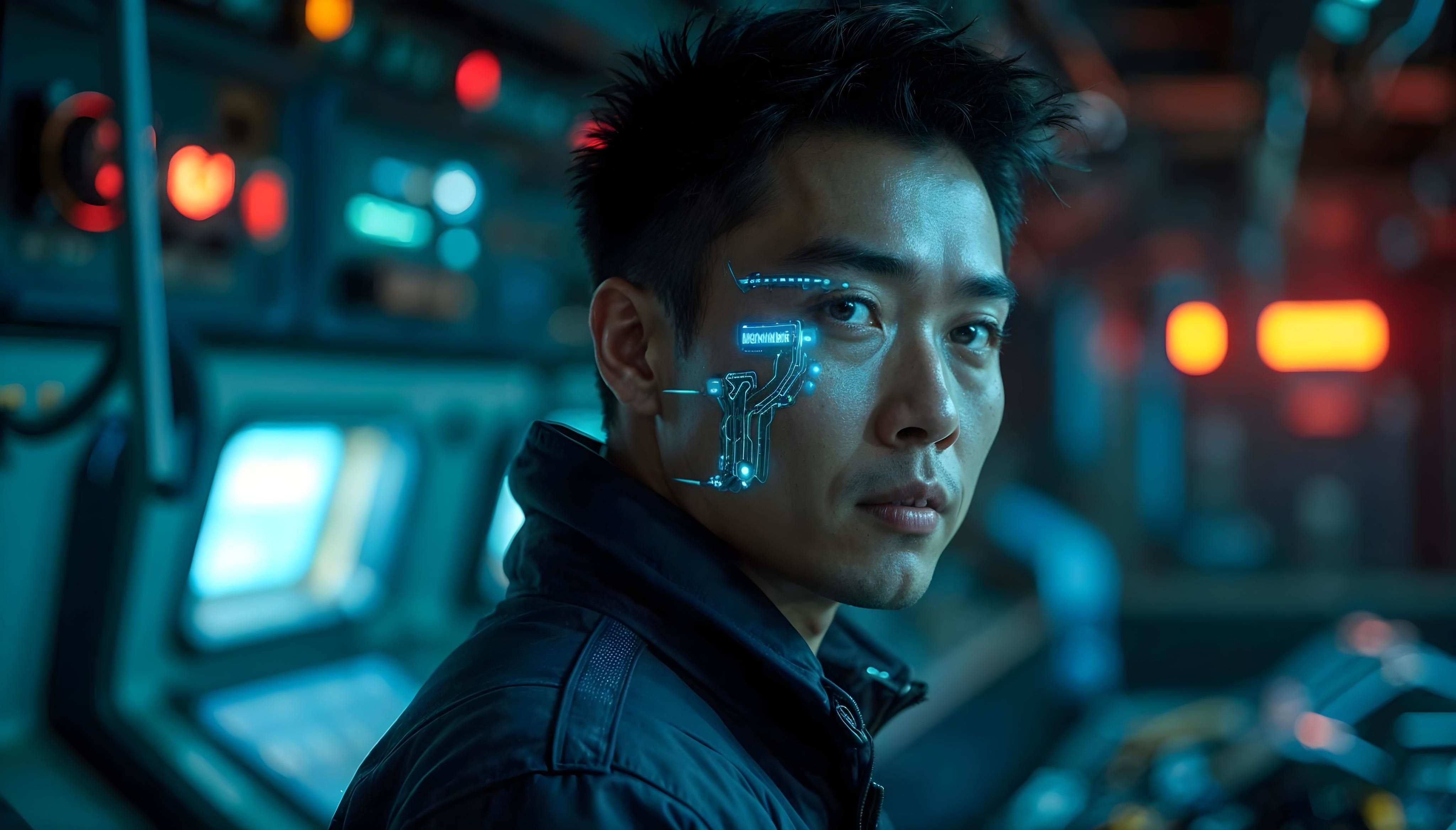 A man wearing a dark jacket with a digital interface printed on one side of their face, standing in a dimly lit control room with glowing screens and buttons in the background. The atmosphere is futuristic and high-tech.