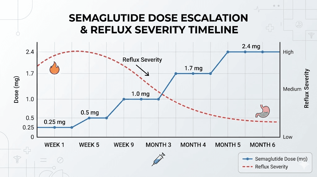 Semaglutide acid reflux symptom timeline from first dose through month six