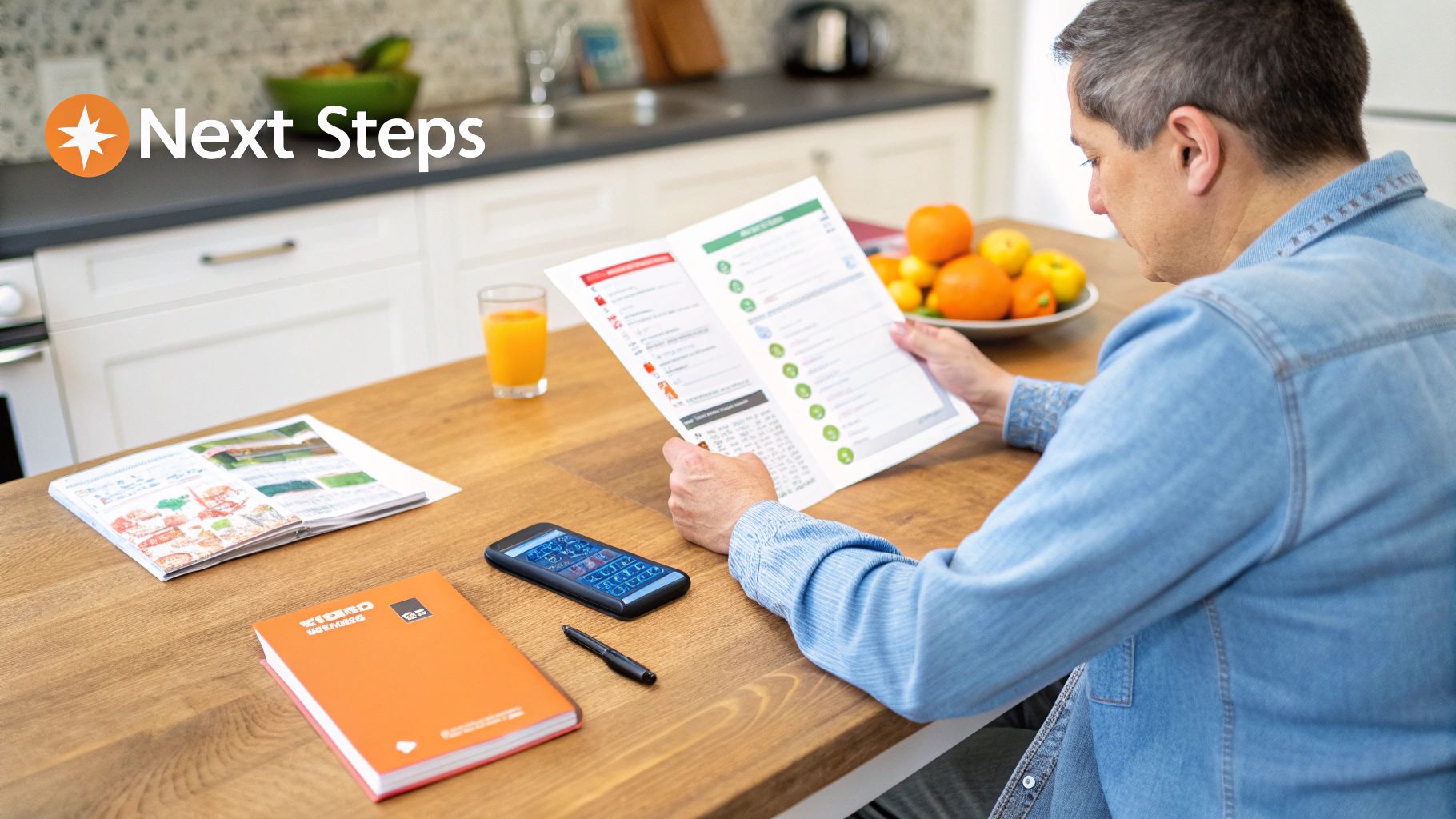 Person reviewing colorful health assessment reports and planning next steps at kitchen table
