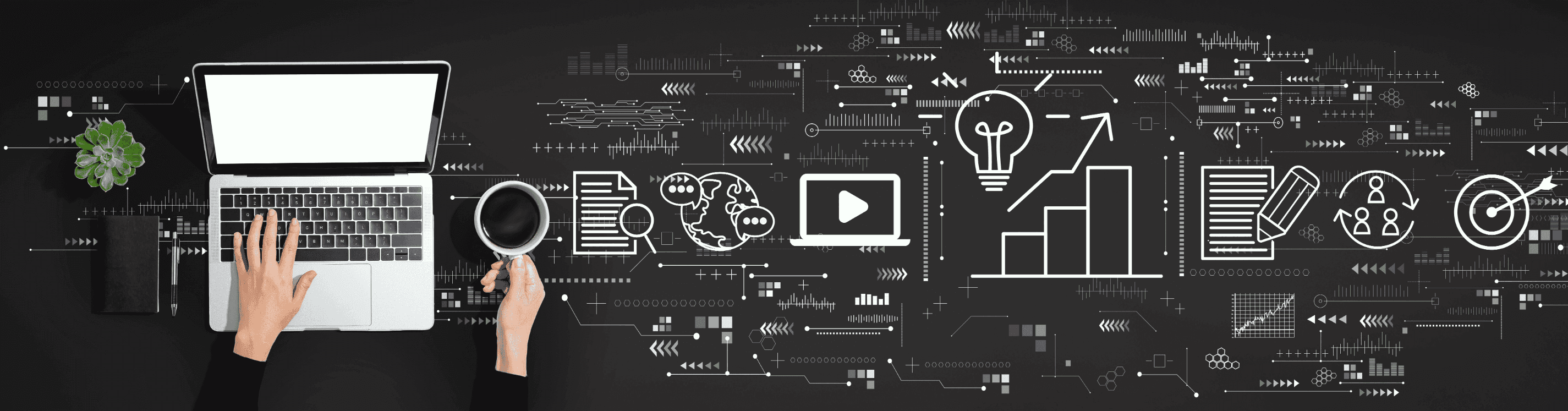 Person using a laptop computer and a bunch of other computer and tech drawings