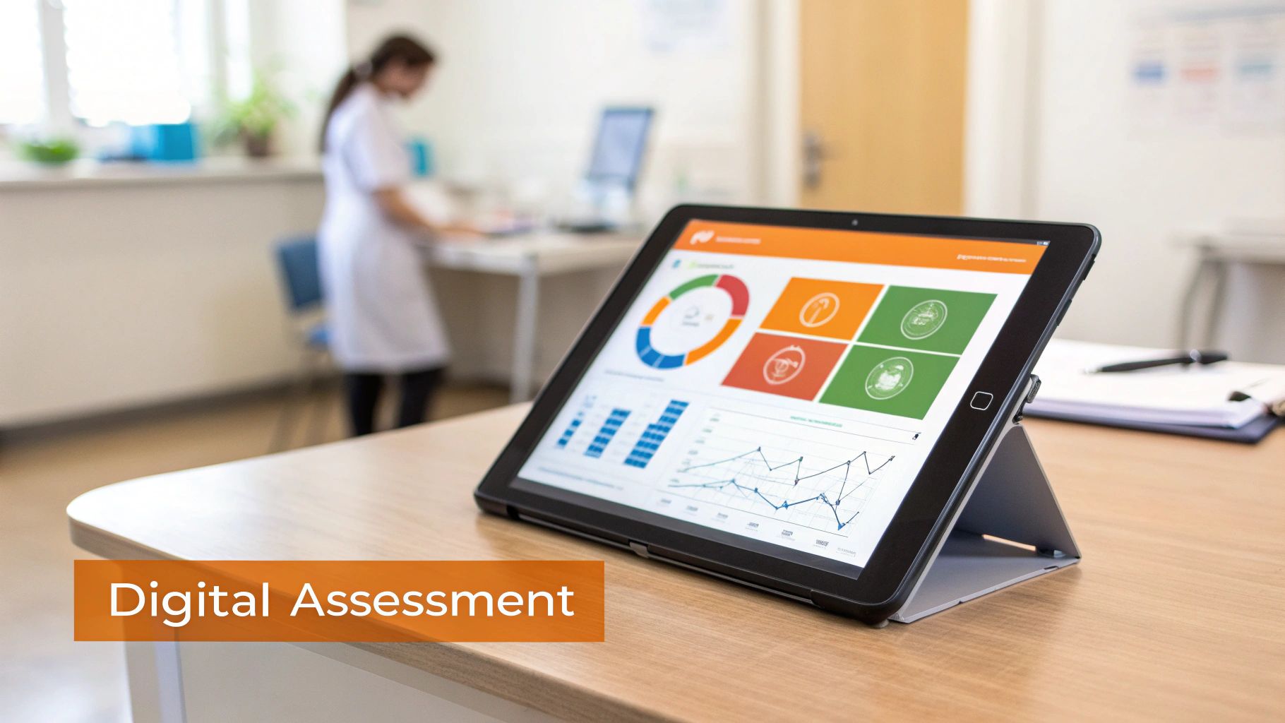A tablet on a desk displays digital assessment data with charts and graphs, with a medical professional in the background.