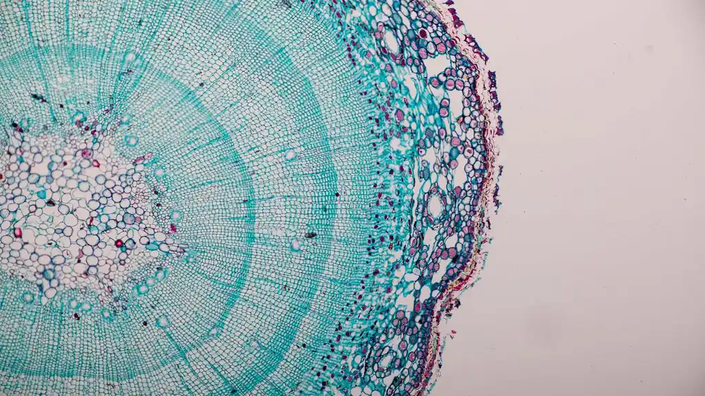 Microscope cross-section of a plant stem stained turquoise and pink against a pale background