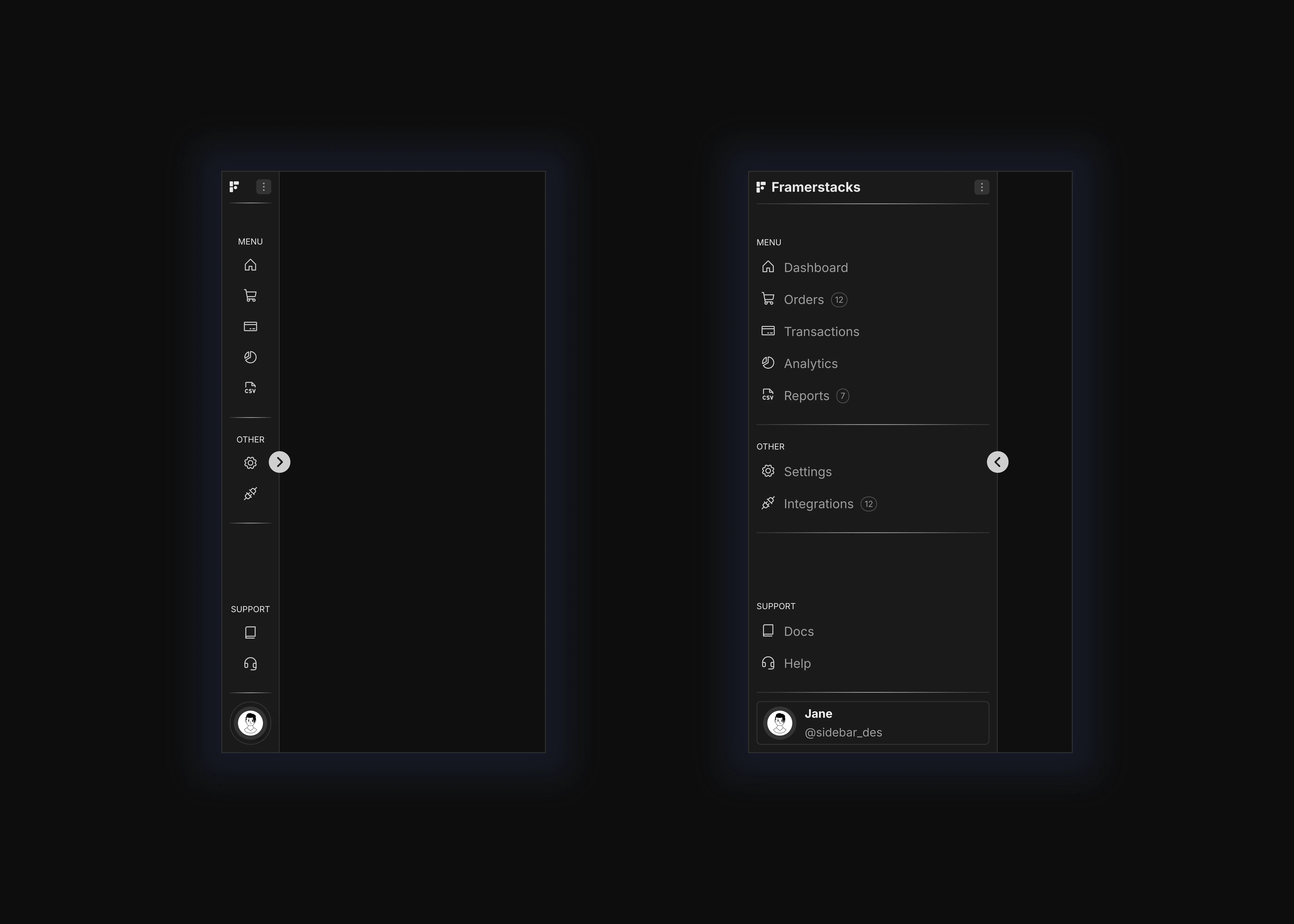 A dark themed sidebar ui for mobile devices with expand and shrink modes.