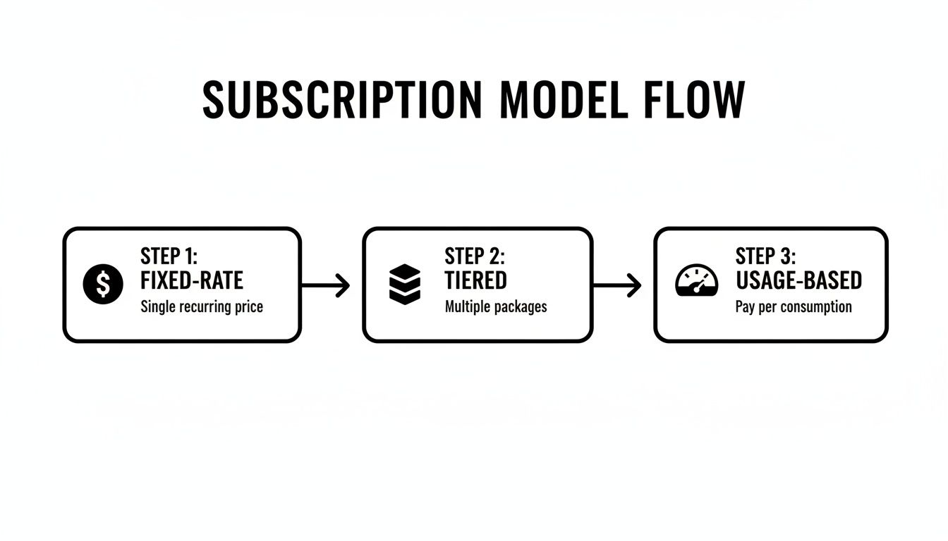 A flowchart illustrating the subscription model flow with steps for fixed-rate, tiered, and usage-based pricing.